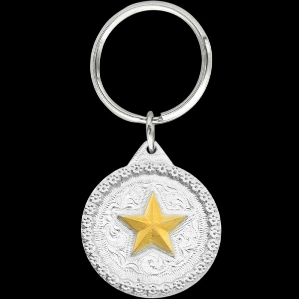 Gold Texas Star, Deep in the Heart of Texas! This keychain includes a beautiful berry border, a Texas Star 3D figure, and a key ring attachment. Each silver key chain is bu